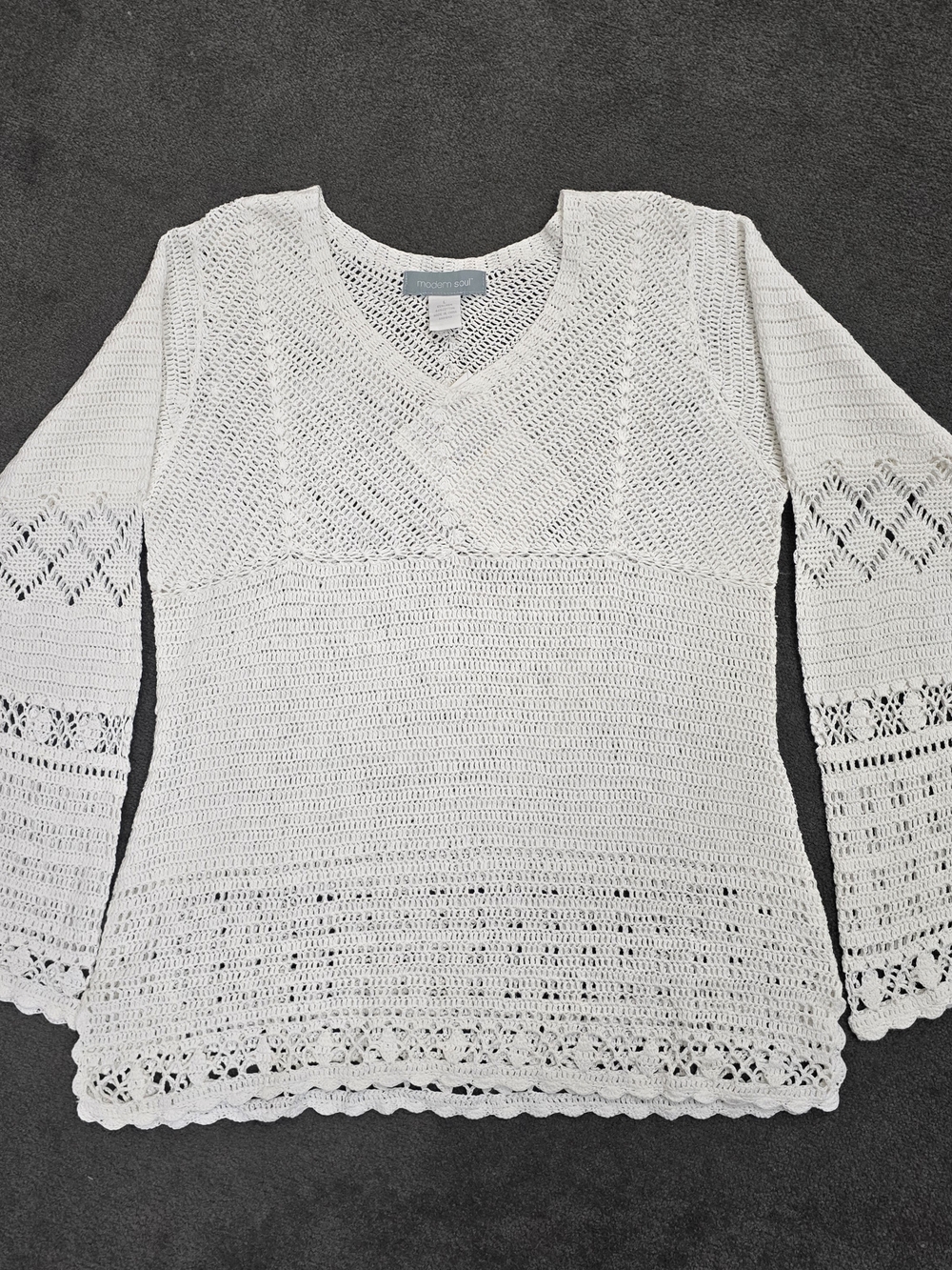 Modern Soul White Linen Cotton Crochet V-Neck Sweater Top Size L